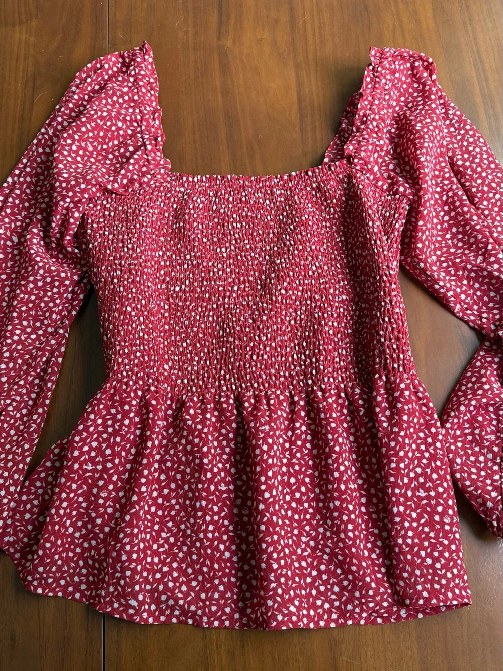 Madewell Red Square-Neck Smocked Peplum Blouse with Puff Sleeves - Picture 2 of 3